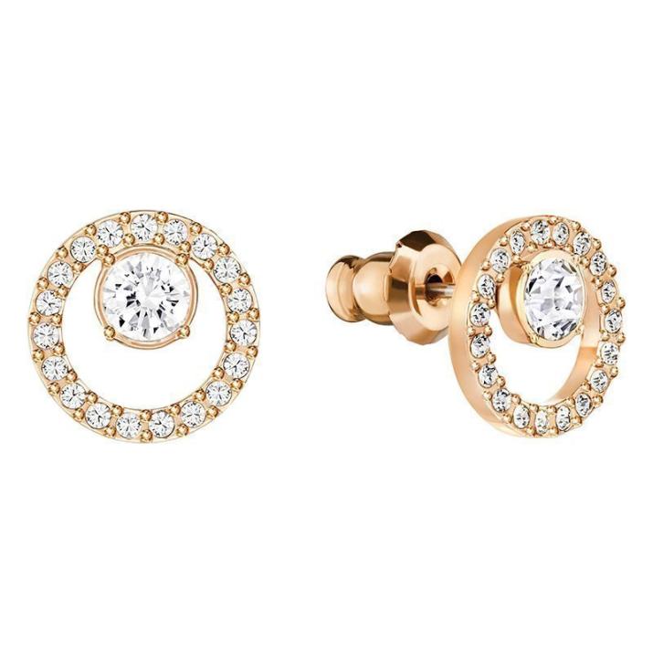 Creativity Circle Pierced Earrings, White, Rose-gold tone plated - Length: 1 cm, Rose-gold