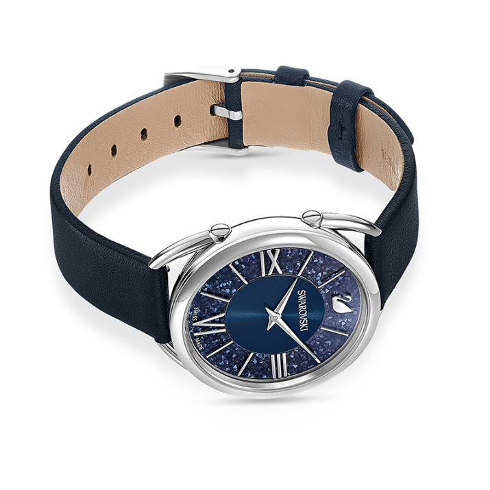 Crystalline Glam Watch, Leather strap, Blue, Stainless steel - Case size: 35 mm Watch strap length: 19 cm, Stainless Steel