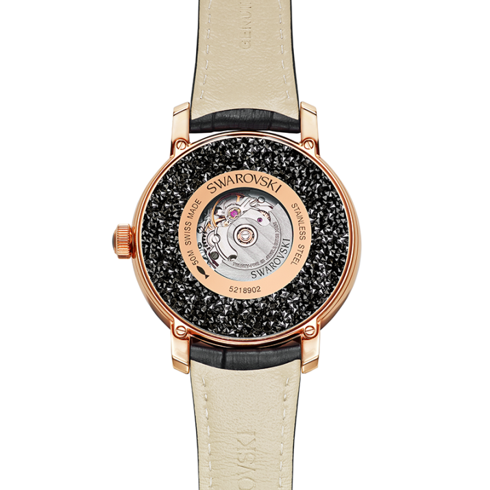 Crystalline Hours Watch, Black - Case size: 38 mm Watch strap length: 20 cm, Rose Gold Plated