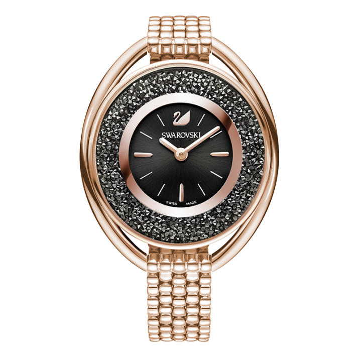 Crystalline Oval Watch, Metal bracelet, Black, Rose-gold tone PVD - Case size: 37 mm x 43 mm Watch strap length: 16.5 cm, Rose Gold Plated