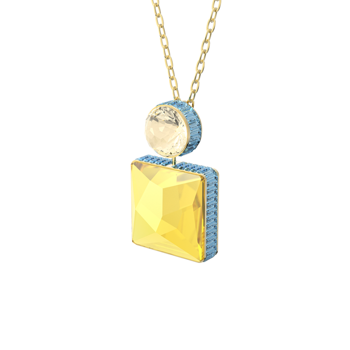 Orbita necklace, Square cut crystal, Multicolored, Gold-tone plated - Length: 50 cm Pendant size: 4.4x2.7 cm, Gold shiny