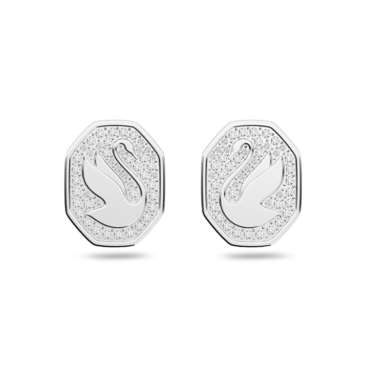 Signum stud earrings, Swan, White, Rhodium plated - One Size, Rhodium shiny